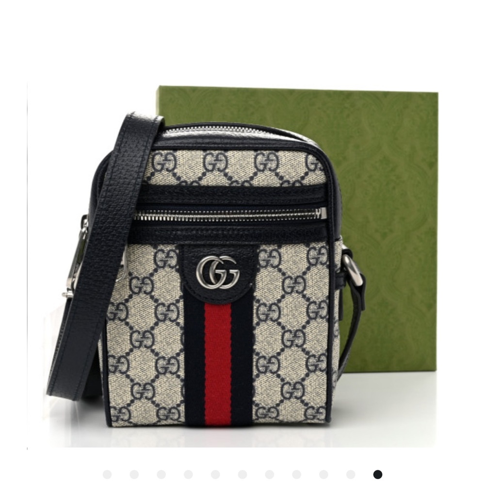 GG Supreme Monogram Textured Calfskin Web Mini Ophidia Messenger Beige Blue
